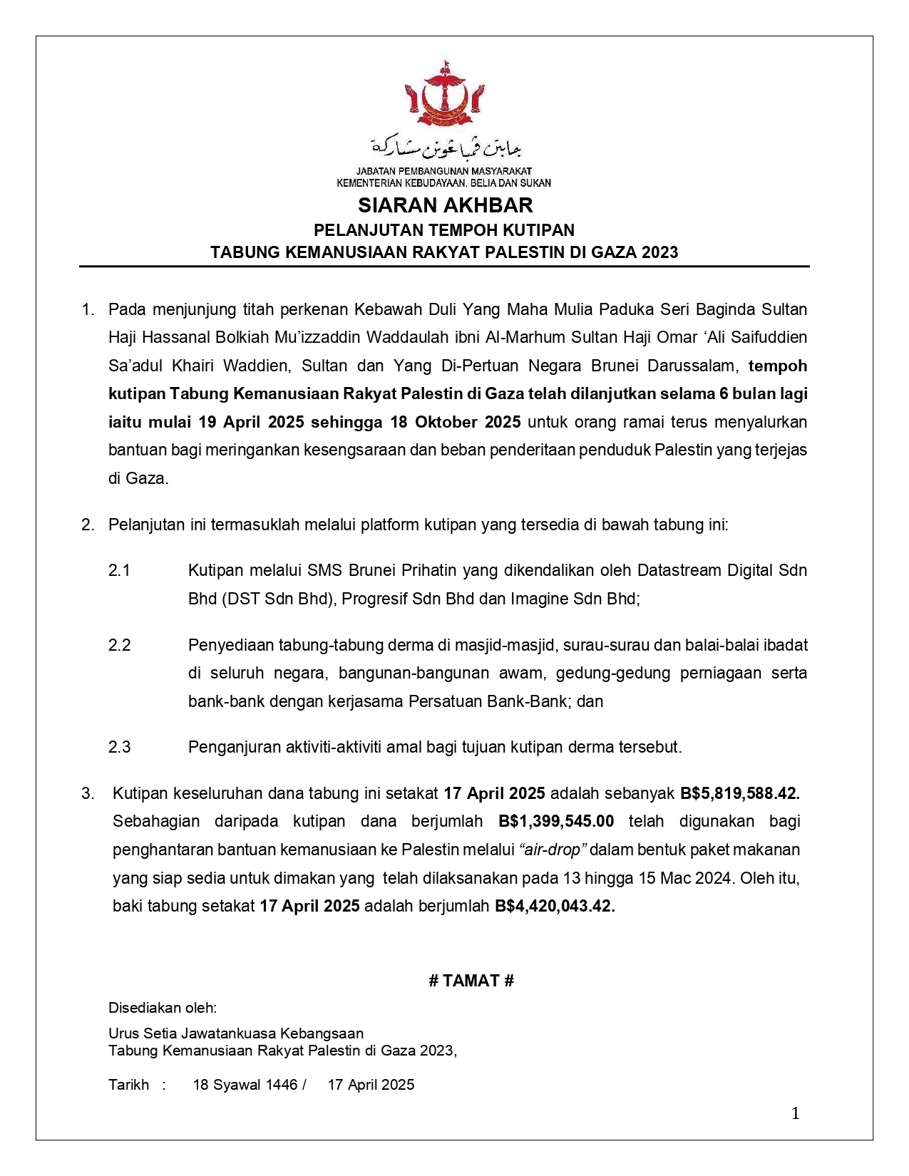 Siaran Akhbar Pelanjutan Tempoh Kutipan Tabung Kemanusiaan Rakyat Palestin di Gaza 2023 Versi Melayu_page-0001.jpg